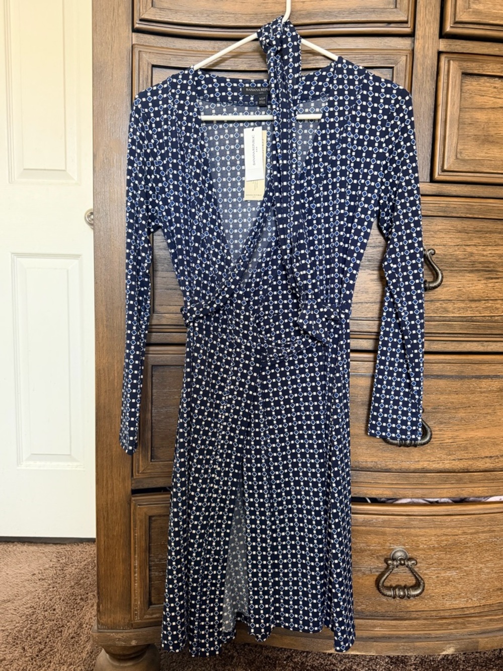 Banana Republic Navy and White Printed Long-Sleeve Wrap Dress